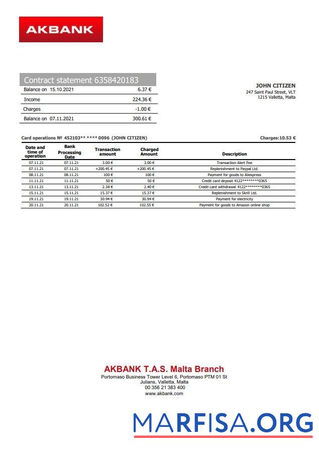 Downloadable Malta Akbank bank statement word download for verification